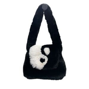Faux Fur Yin Yang Shoulder Bag Plush Black White Snap Closure Trendy‎ Y2K